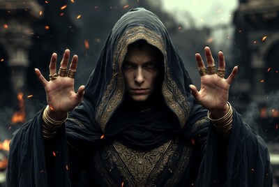 Woman in hooded robe casting spell