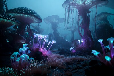 Glowing Bioluminescent Mushrooms Underwater