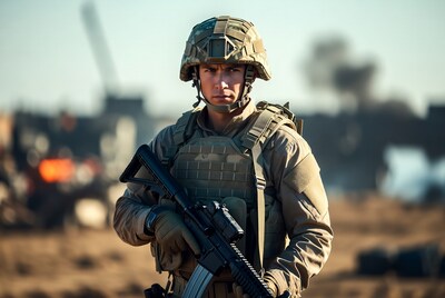 Soldier holding rifle in desert