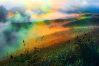 Colorful Misty Hills at Sunrise