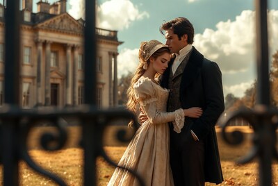 Regency couple embracing by mansion gate