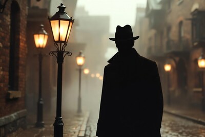 Silhouette man in trench coat by street lamps