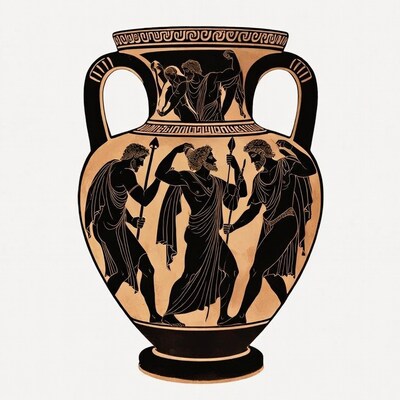 Ancient Greek Amphora with Men Holding Spears