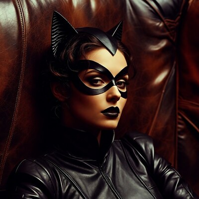 Woman in Catwoman costume on leather sofa