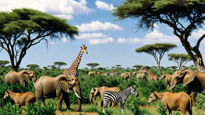 African savanna with elephants giraffes zebras