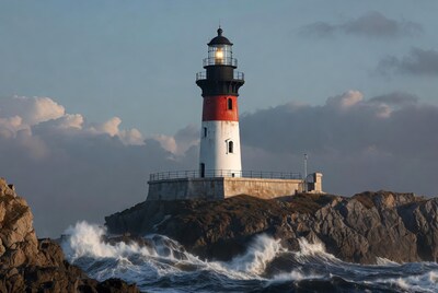 Red White Lighthouse on Rocky Coast