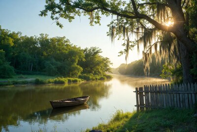 Rowboat on calm river at sunrise