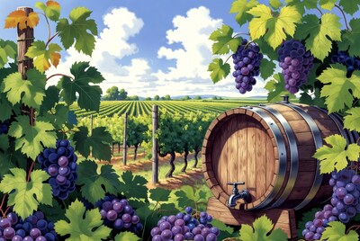 Vineyard with grapes and wine barrel