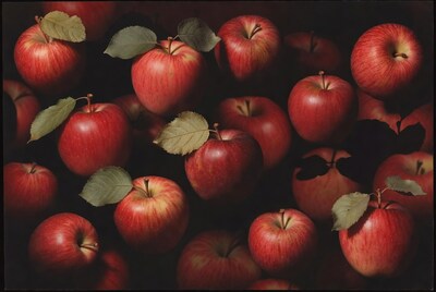 Red Apples with Leaves on Black Background