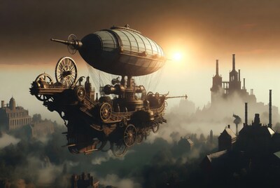 Steampunk Airship Flying over City