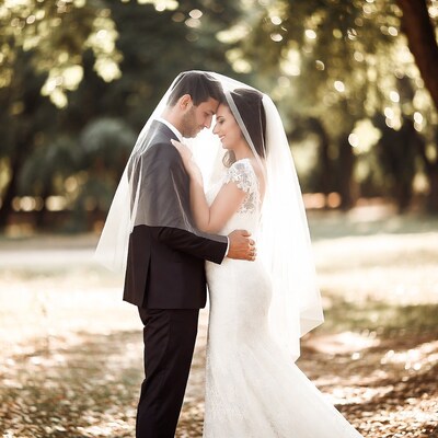 Groom embracing bride in veil outdoors