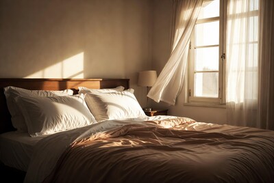 Sunlit bedroom with billowing curtains
