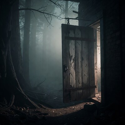 Open door in foggy dark forest