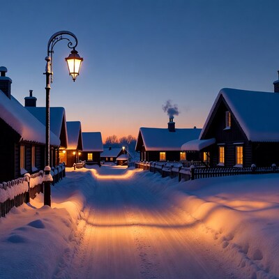 Snowy village path with street lamp