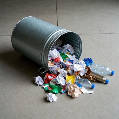Tipped metal trash can with garbage