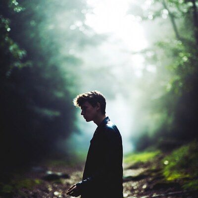 Man standing in misty forest