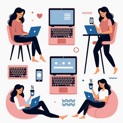 Woman working on laptop illustration