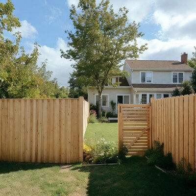 Open wooden gate in backyard fence