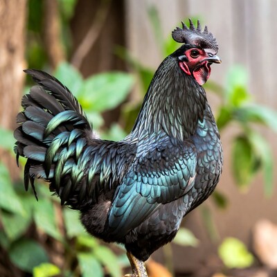 Black Rooster with Iridescent Feathers