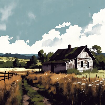Old rustic cabin in wildflower field