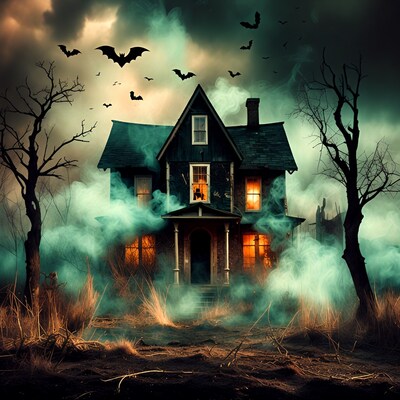 Haunted House with Bats and Fog