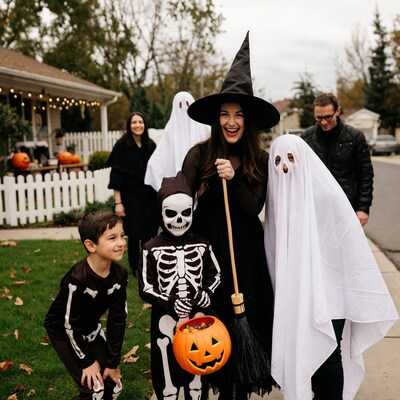 Family in Halloween costumes trick-or-treating