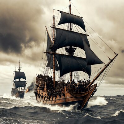 Pirate Ships Battling in Stormy Sea