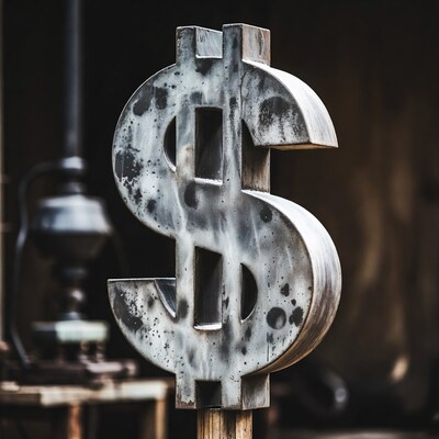 Rusty metal dollar sign sculpture