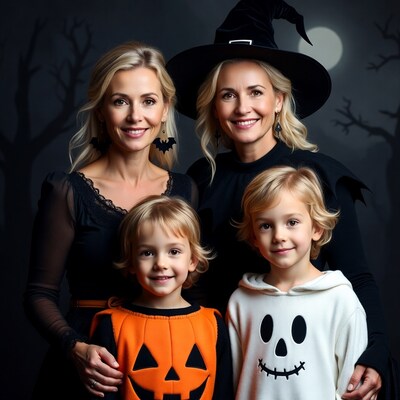Family in Halloween costumes with pumpkin and ghost