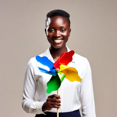 African woman holding colorful pinwheel