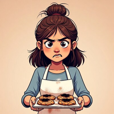 Woman holding burnt cookies apron