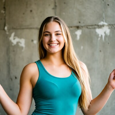 Smiling blonde woman in tank top