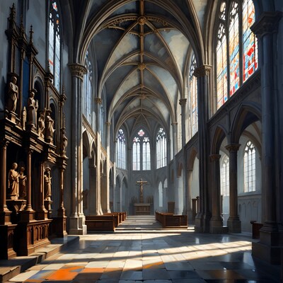 Gothic Cathedral Interior with Stained Glass