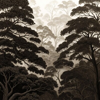 Misty Pine Forest Illustration