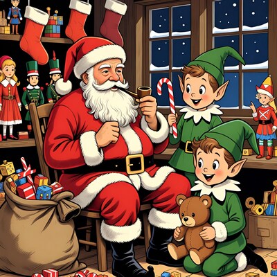 Santa Claus with Elves in Toy Workshop