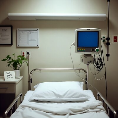 Empty hospital bed with get well soon sign