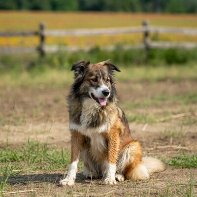Australian Shepherd sitting by fence
