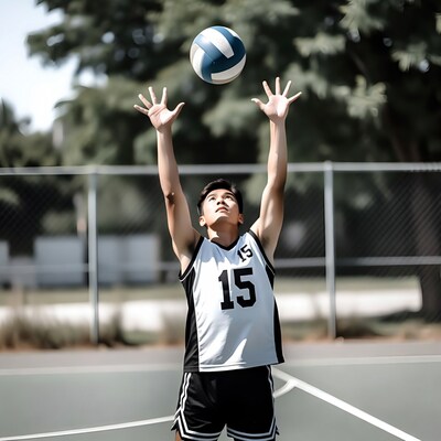 Asian boy jumping for volleyball