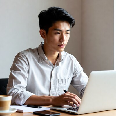 Asian man working on laptop