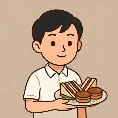 Boy holding sandwiches and burgers