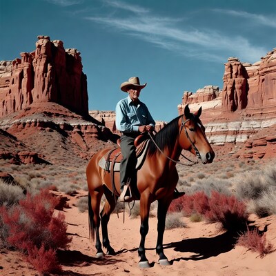 Cowboy riding horse in red rock canyon