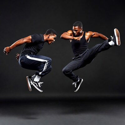 Two African-American men performing martial arts kicks