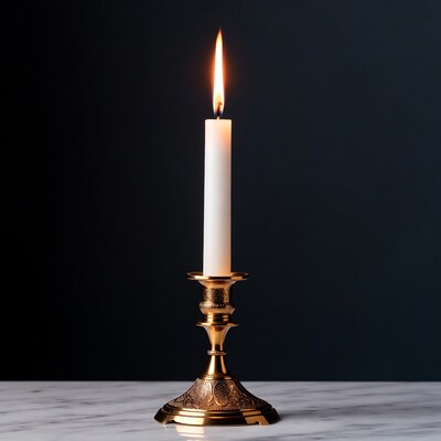Burning Candle on Brass Candlestick