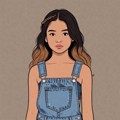 Asian girl in blue overalls illustration