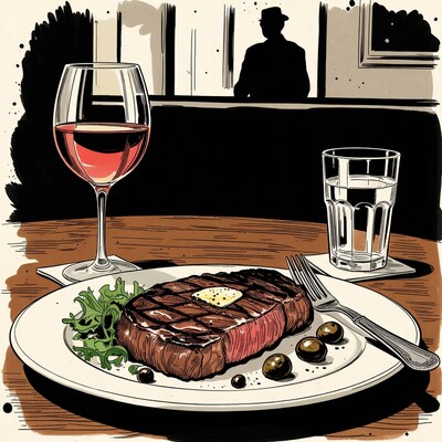 Steak with wine and water glass illustration