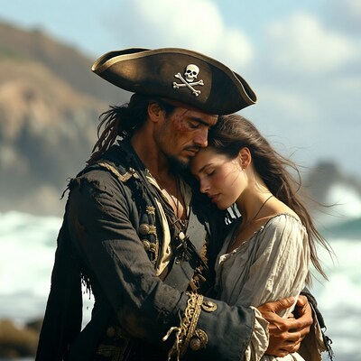 Pirate embracing woman on beach