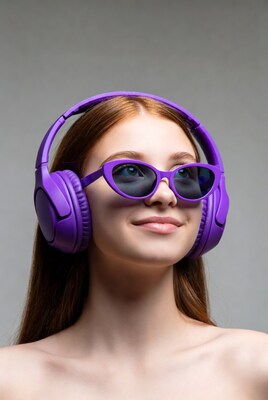 Woman with purple headphones and sunglasses