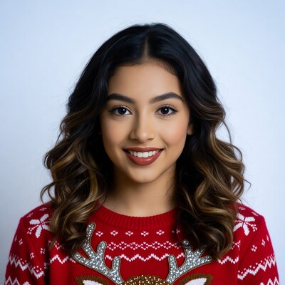 Smiling woman in reindeer Christmas sweater