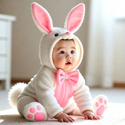 Asian baby in pink bunny costume