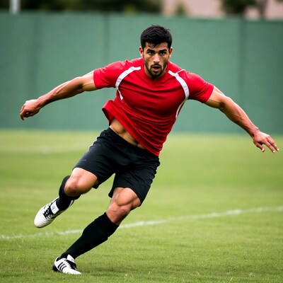 Muscular man sprinting on soccer field